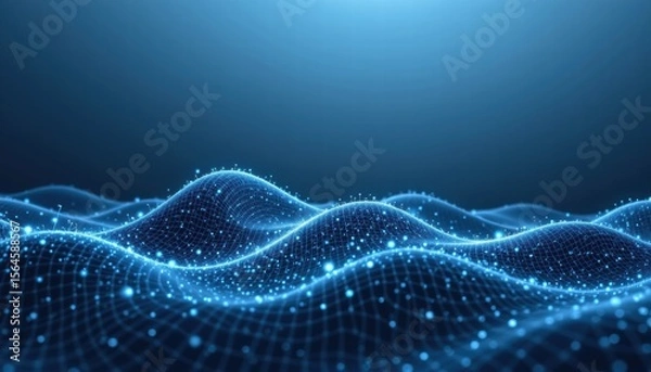 Fototapeta Abstract digital landscape with glowing blue waves formed by connectivity lines and points, representing data flow and technology in a futuristic environment