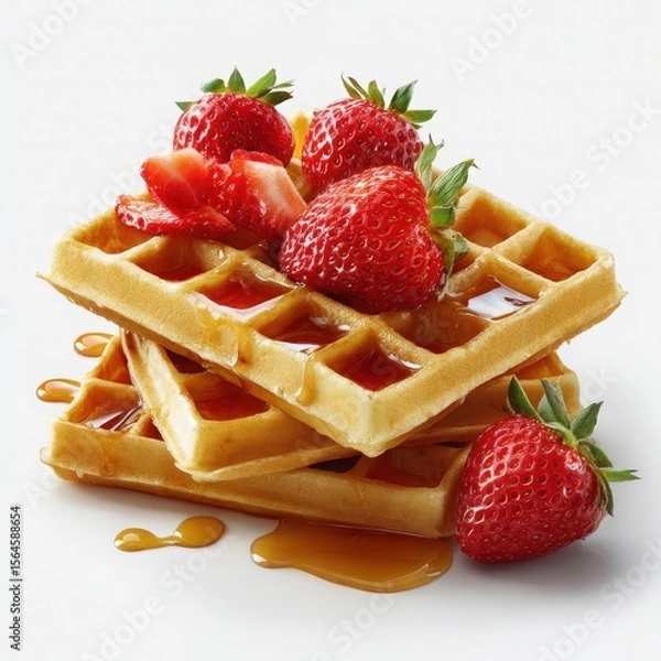 Fototapeta Stack of Waffles with Strawberries and Syrup