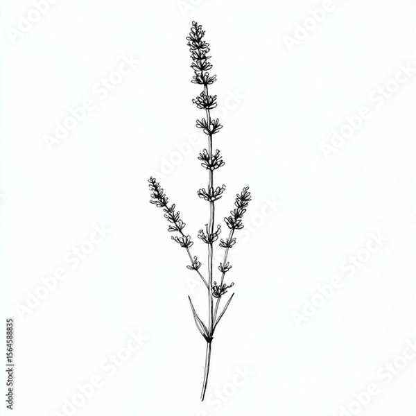 Obraz black and white lavender flower drawing. simple floral plant sketch isolated for logo or print