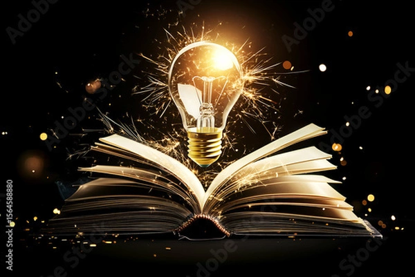 Obraz the power of knowledge: a lightbulb illuminating an open book, isolated