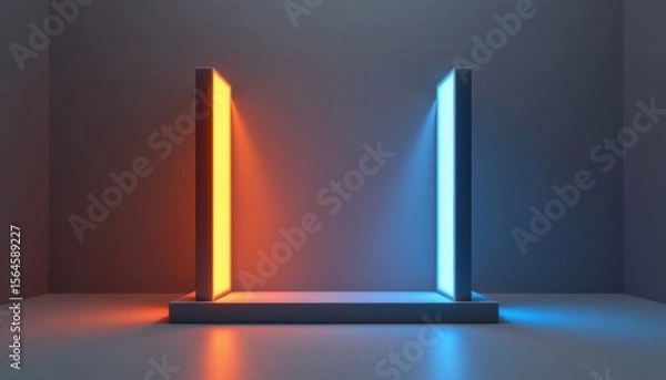 Fototapeta Modern Abstract Display with Orange and Blue Neon Lights in a Minimalist Setting Ideal for Artistic Concepts, Technology Backgrounds, or Futuristic Designs