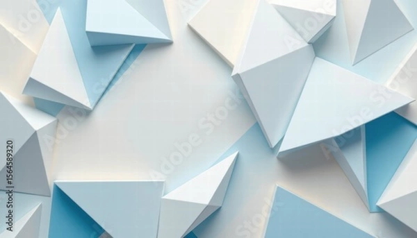 Fototapeta Abstract geometric background featuring three-dimensional triangular shapes in soft blue and white hues creating a modern and fresh visual appeal