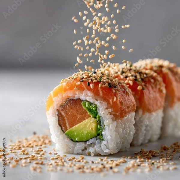 Fototapeta Sushi Rolls with Salmon, Avocado, and Falling Sesame Seeds