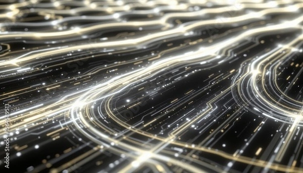 Fototapeta Abstract digital light trails creating a mesmerizing futuristic atmosphere with glowing lines over a dark background for creative design projects