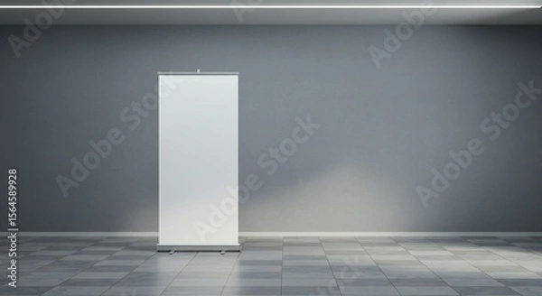 Fototapeta Minimalist indoor space with a white banner stand against a gray wall. Soft, focused lighting enhances simplicity and readiness for presentations.