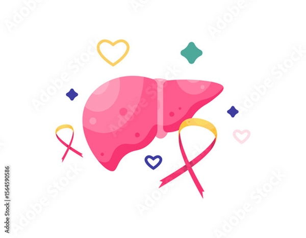 Fototapeta concept of awareness and concern for liver health. illustration of liver organ with red and yellow ribbon and heart symbol. flat style design. asset element. world hepatitis day