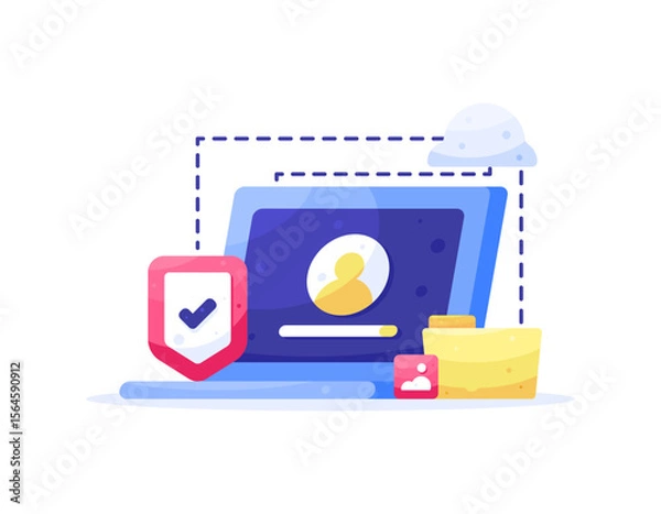 Fototapeta a concept of personal data protection. Authentication and Authorization. protection and security to protect information data and files on a laptop. illustration of a laptop with a shield, folder