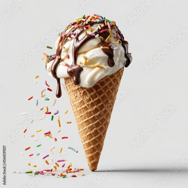 Fototapeta Vanilla Ice Cream Cone with Chocolate Sauce and Sprinkles