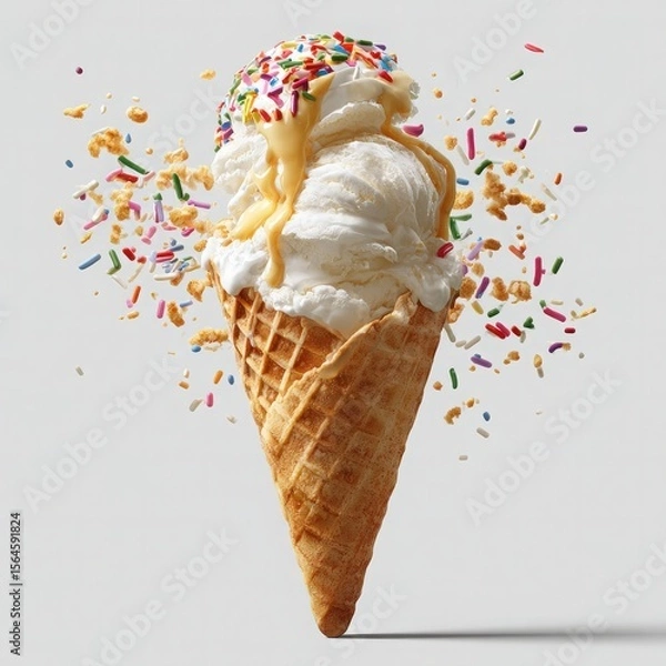 Fototapeta Vanilla Ice Cream Cone with Sprinkles and Caramel