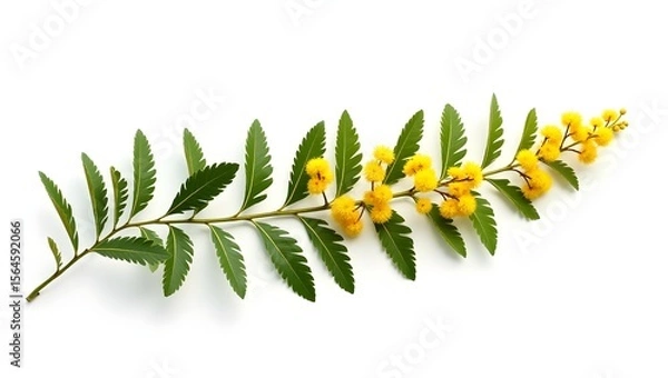 Fototapeta Photorealistic image of Acacia dealbata flower isolated on white. Fluffy yellow blooms with feathery green leaves. Botanical macro with soft light and natural detail.