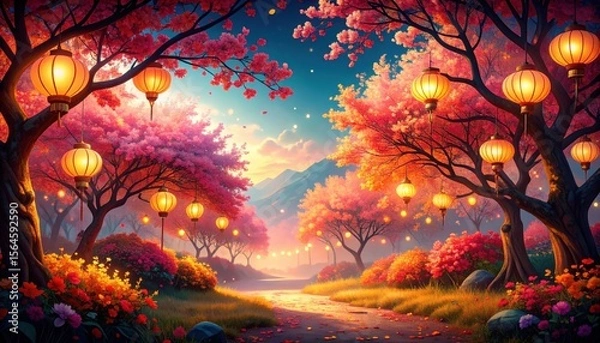 Obraz Cherry blossom festival at enchanted park beautiful lanterns illuminating nature's splendor serene evening viewpoint