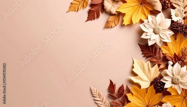 Obraz Autumn leaves arrangement studio decorative art warm tones overhead view seasonal aesthetics for home decor
