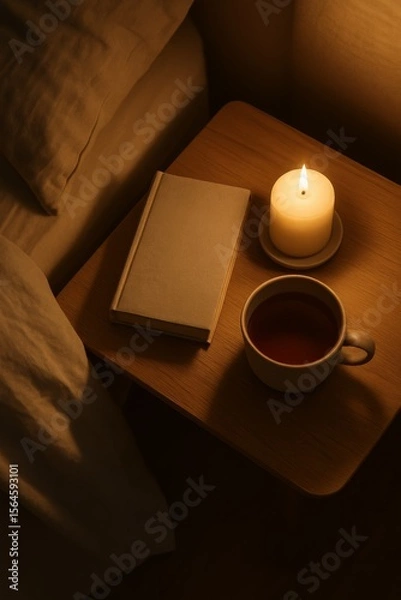 Fototapeta A bedroom nightstand with a closed book, a burning candle, and a cup of tea. Soft lighting creates a cozy atmosphere