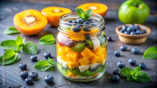 Obraz Layered Fruit Salad in Mason Jar: Mango, Kiwi, Blueberry, and Mint Garnish.