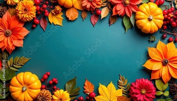 Obraz Autumn floral arrangement with pumpkins vibrant colors decorative design studio setting overhead view seasonal celebration inspiration