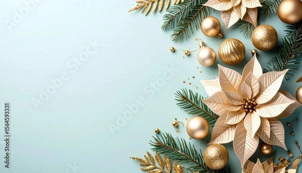 Obraz Festive holiday decor featuring poinsettias and ornaments cozy home setting decorative layout soft color palette celebratory vibe