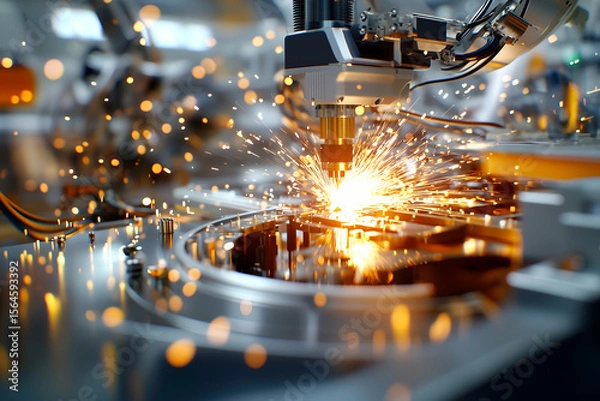 Obraz manufacturing process with an automated robotic welder creating bright sparks