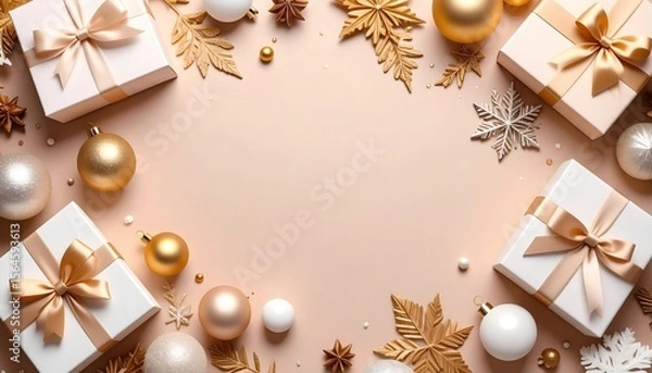 Obraz Elegant gift presentation with gold accents and seasonal decor festive celebration flat lay arrangement warm environment aesthetic perspective