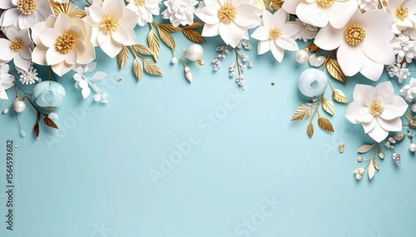 Obraz Elegant white floral arrangement on soft blue background decorative art composition studio style vibrant aesthetic close-up view