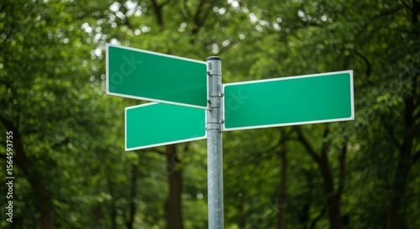 Fototapeta Blank green street sign on a metallic pole, surrounded by dense green foliage; calm, inviting atmosphere.