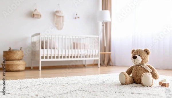 Fototapeta Teddy bear on a rug in a baby's nursery white crib and decor visible in the background