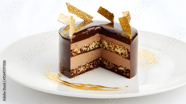 Fototapeta Luxurious Chocolate Caramel Crunch Entremet with Golden Garnish on Elegant White Plate