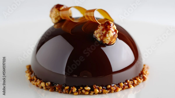 Fototapeta Glossy Dark Chocolate Entremet with Caramel Crunch and Decorative Toppings for Elegant Desserts