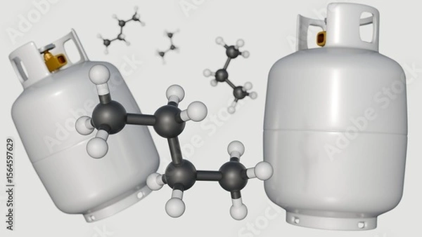 Fototapeta A 3D rendering of Liquefied Petroleum Gas (LPG), with a focus on its molecular components: butane and propane molecules, and white gas tanks.