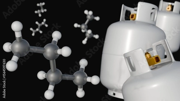 Fototapeta A 3D rendering of Liquefied Petroleum Gas (LPG), with a focus on its molecular components: butane and propane molecules, and white gas tanks.