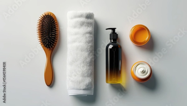 Obraz Hair care set: brush, towel, dispenser bottle, and cream jars on a light background, top view.