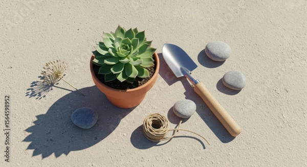 Obraz A gardening composition featuring a succulent in a pot, a trowel, stones, and twine on a sandy background.