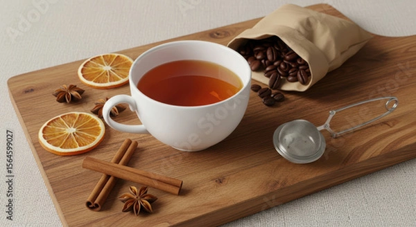 Obraz Aromatic tea with spices like cinnamon and star anise on a wooden board with coffee beans.