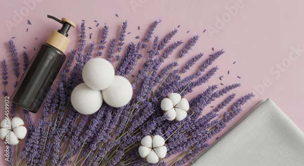 Obraz  Lavender, dryer balls, and a lotion bottle for laundry, symbolizing freshness and natural care.