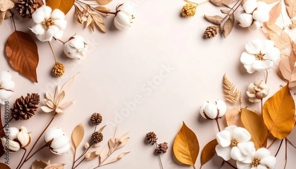Fototapeta Elegant floral arrangement with cotton and pinecones on soft background nature inspired decorative art aesthetic close-up view