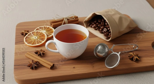 Obraz Cup of tea, coffee beans, cinnamon sticks, and dried oranges on a wooden board.