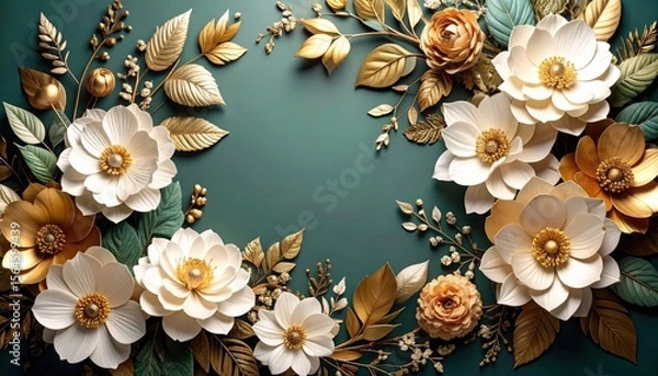 Fototapeta Elegant floral arrangement with golden accents on a green background artistic composition home decor indoor setting close-up view beauty and nature concept