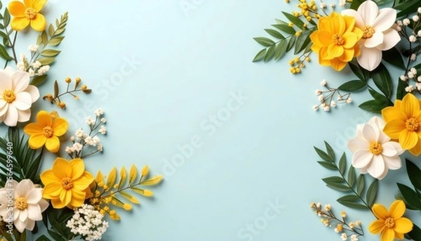 Fototapeta Floral arrangement with yellow and white flowers studio setting decorative content bright and cheerful environment overhead view nature concept for celebrations