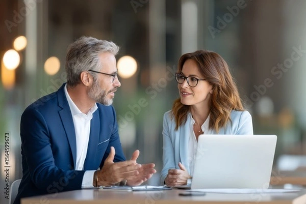 Fototapeta Two professionals in business attire engage in a discussion at a desk with a laptop in a modern office setting.