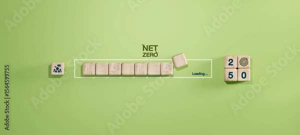 Fototapeta Wooden blocks showing Net Zero 2050 target concept with loading progress bar. Environmental sustainability, climate action, carbon neutrality, and corporate responsibility theme.