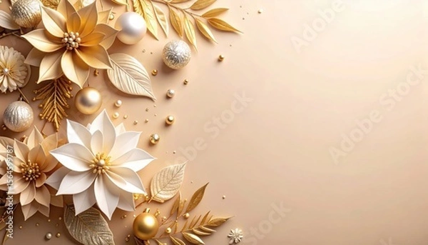 Fototapeta Elegant gold and white floral arrangement for celebrations studio setting high-quality image minimalist style close-up view decorative concept