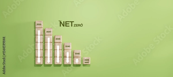 Fototapeta Carbon reduction roadmap for Net Zero 2050 using wooden blocks and downward arrows, showing decreasing carbon targets by year. Concept of sustainability and climate action.