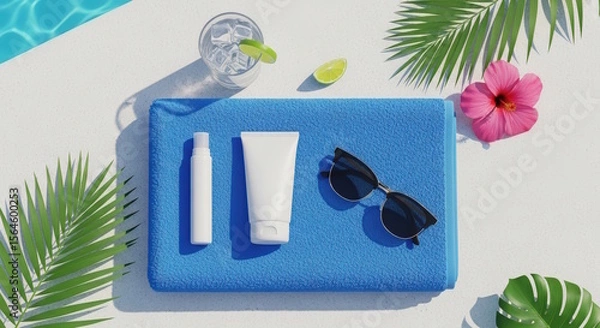 Obraz Summer essentials by the pool: sun protection products, a blue towel, sunglasses, and a refreshing drink.