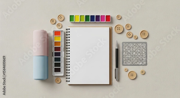 Obraz Creative set: open sketchbook, watercolors, pen, stencil, and buttons arranged on a light background.