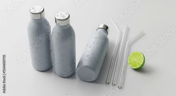 Obraz Three reusable water bottles with condensation, glass straws, and a lime half on a white background.