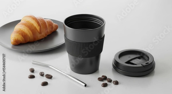 Obraz Black travel mug with lid, croissant on a plate, metal straws, and coffee beans on a light background.