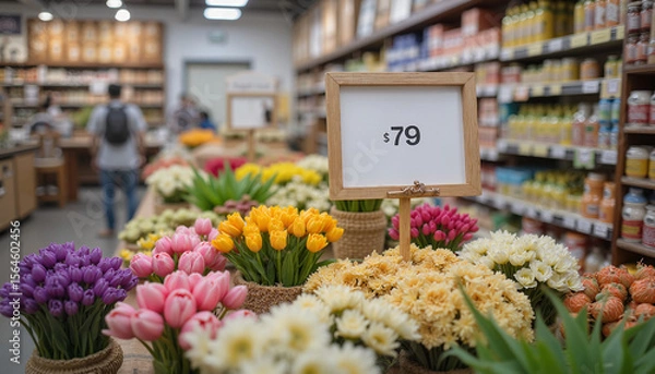 Fototapeta Colorful tulip flowers arranged in baskets at a flower shop  