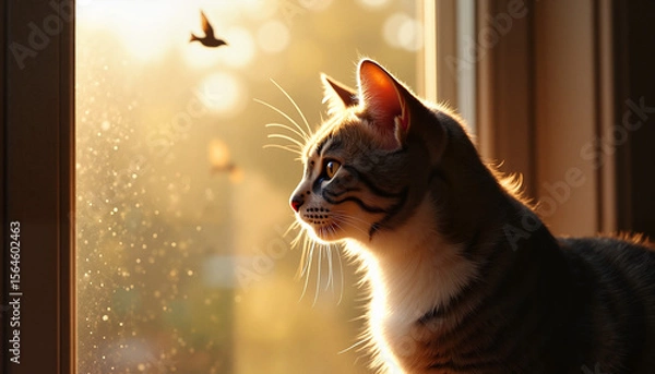 Fototapeta Cat sitting by the window watching a bird in sunlight  