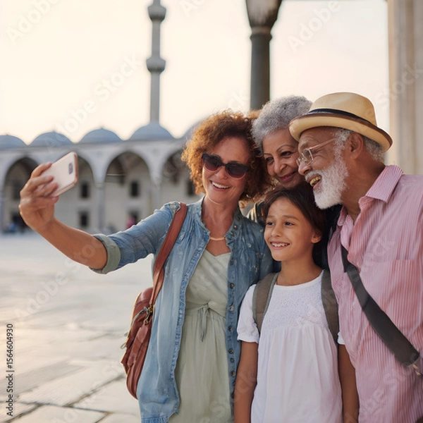 Fototapeta Happy multi generational family taking selfie in front of mosque during travel