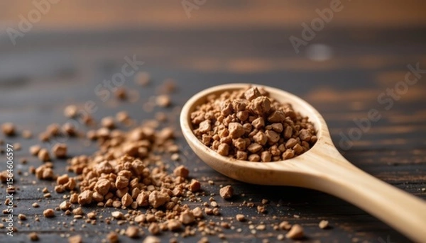 Fototapeta Close-up of Natural Crushed Cocoa Powder Poured from Wooden Spoon on Rustic Table Surface, Perfect for Culinary and Baking Use