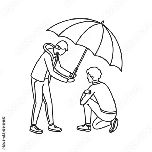 Fototapeta Helping Hand Icon | Person Holding Umbrella Over Someone in Need | Kindness, Empathy, Support Concept Vector | Black Line Art on Pure White Background